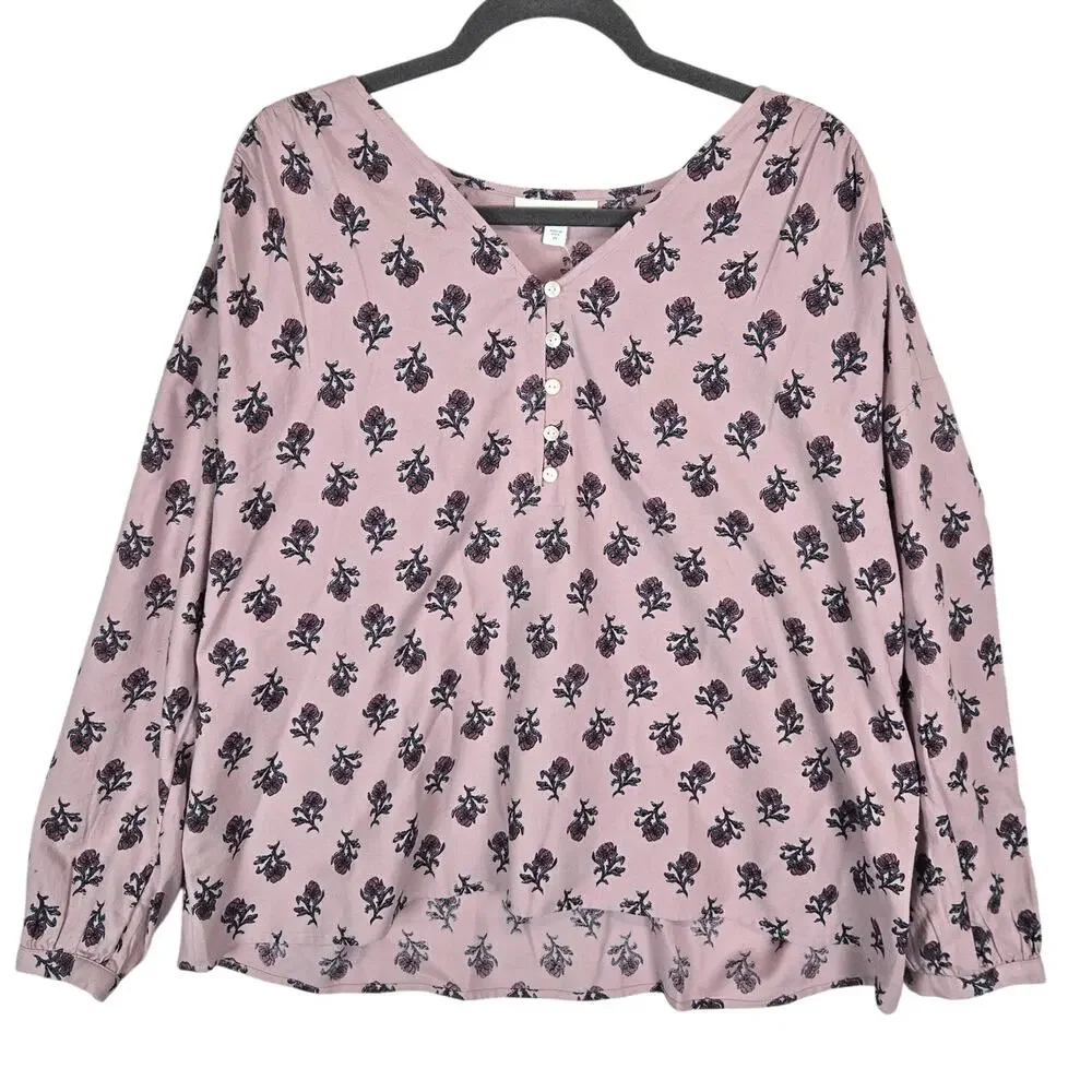 Pure Jill Pink Organic Cotton Top 2X V-Neck ButtonTop Floral Cottage Casual NWT